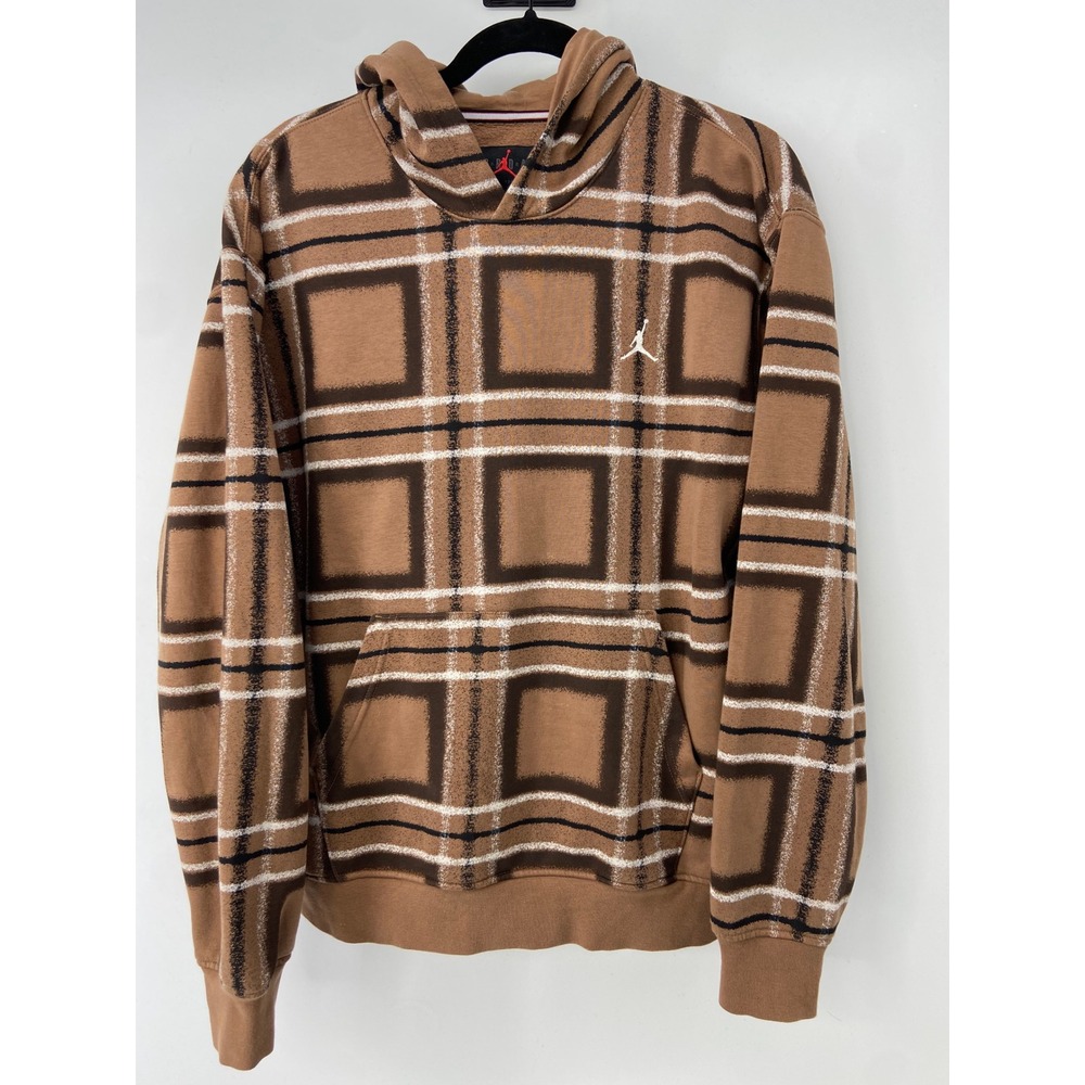 Jordan Hoodie Mens Medium Brown Plaid Essentials Fleece Jumpman Basketball